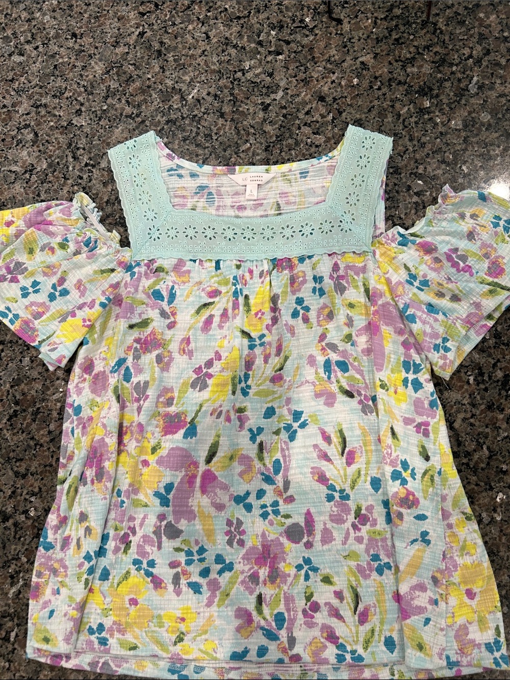 LC Lauren Conrad Pastel Floral Cold-Shoulder Top with Mint Lace Yoke